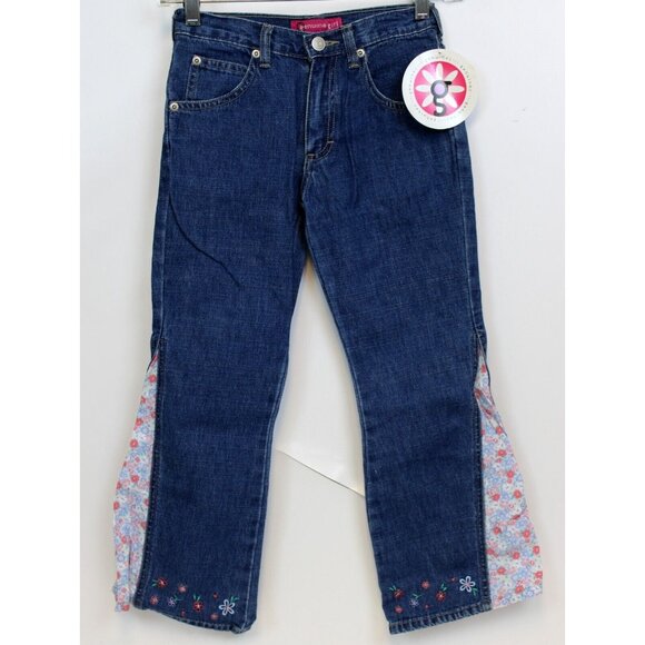 NEW Y2K Oshkosh Denim Jeans Girls sz 7 Floral Flared Embroidered Straight Leg - Picture 1 of 7